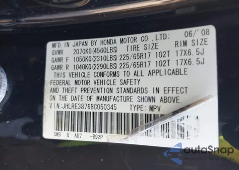 2008 Honda Cr-V Ex-L z USA, uszkodzony, nr VIN JHLRE38768C050345